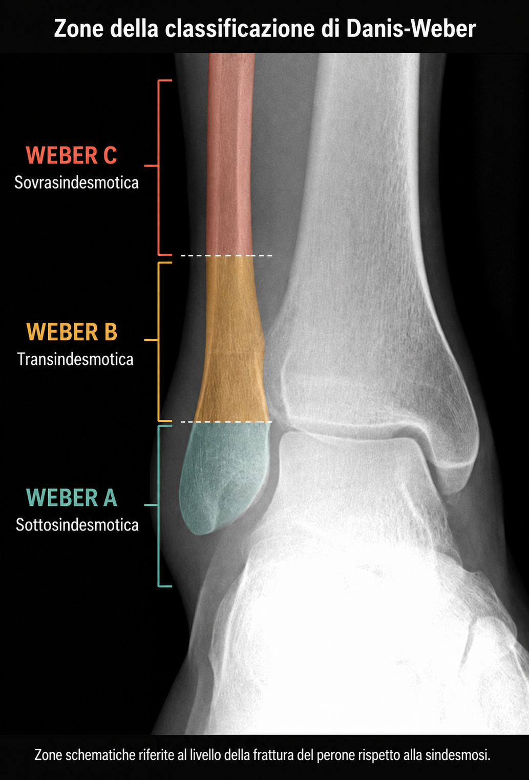 Radiografia della caviglia con le zone della classificazione di Danis-Weber evidenziate sul perone: A sotto la sindesmosi, B al suo livello e C sopra.
